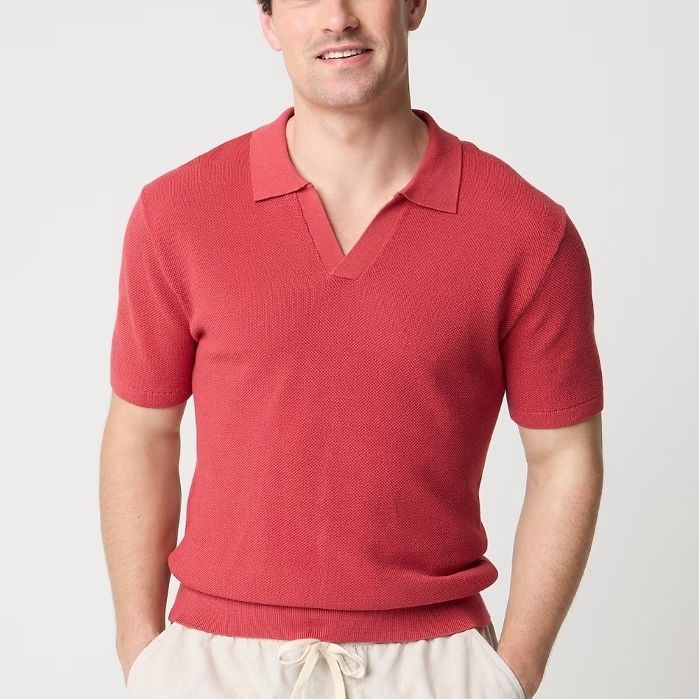 J.Crew Short Sleeve Sweater Polo Men Small Red Cotton Mesh Stitch Johnny Collar